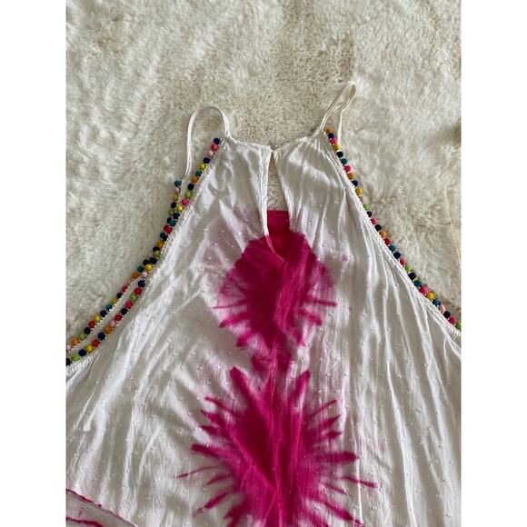 Entro Gauzy White Pink Tie Dye Colorful PomPom Spaghetti Strap Tank Sz L - Picture 11 of 12